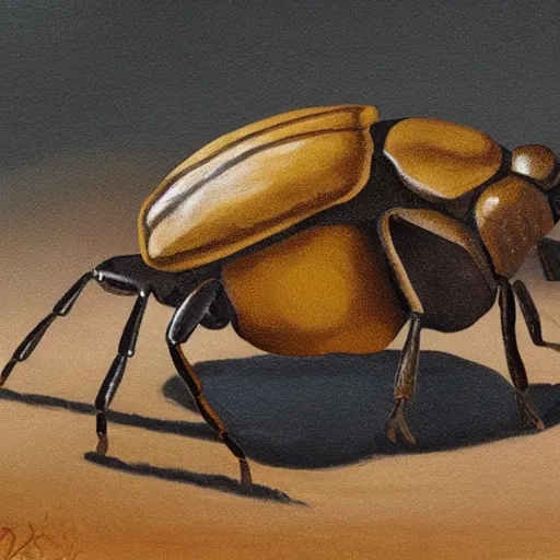 Prompt: painting of a dung beetle landing on a leather shoe