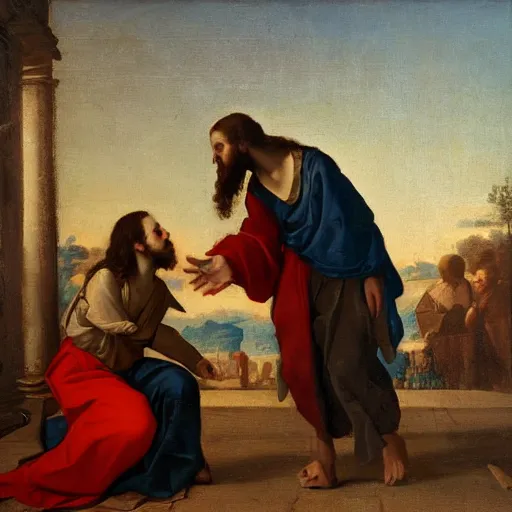 Image similar to 1 8 th oil panting of a jesus kissing with maria maddalena