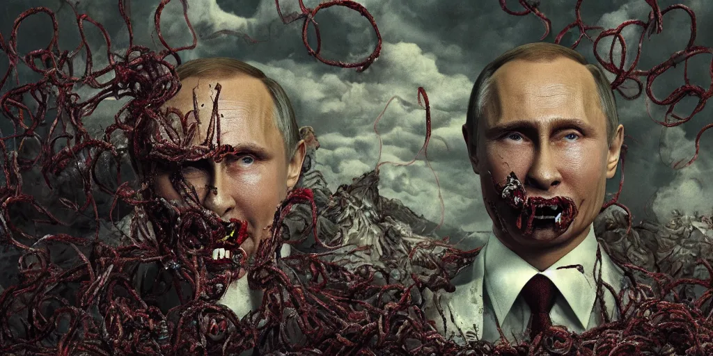 Image similar to highly detailed surreal vfx portrait of vladimir putin's face is eaten by worms, in the background an army of zombies with their mouths sewn shut with wire in the shape of the letter z, style of makoto shinkai studio ghibli genshin impact jamie wyeth james gilleard greg rutkowski, photorealistic, hyperdetailed