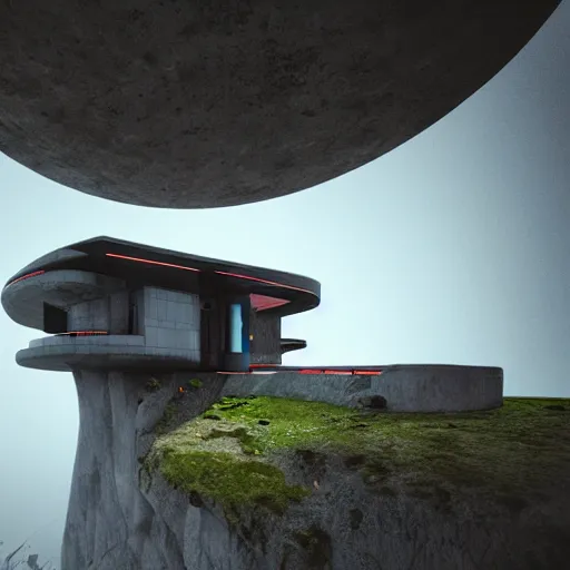 Prompt: Photo of a futuristic cybernetic house on a cliff