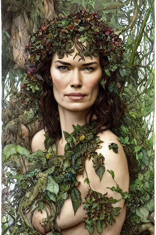 Prompt: lena headey as a dryad, detailed full body portrait by james gurney and artgerm and Mucha, amazing detail, intricate, stunning inking lines, 4K, character design, concept art