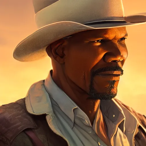 Image similar to old jamie foxx as a cowboy, single subject, scenic full shot, ambient lighting, detailed face, by makoto shinkai, stanley artgerm lau, wlop, rossdraws