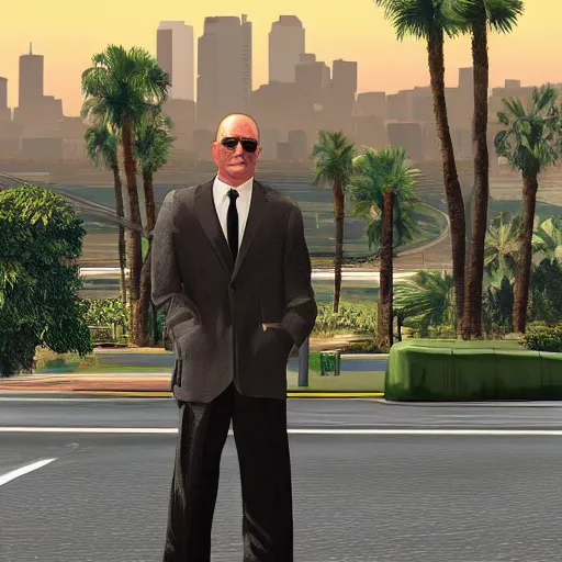 Image similar to Michael Ehrmantraut in GTA V . Los Santos in the background, palm trees. In the art style of Stephen Bliss.