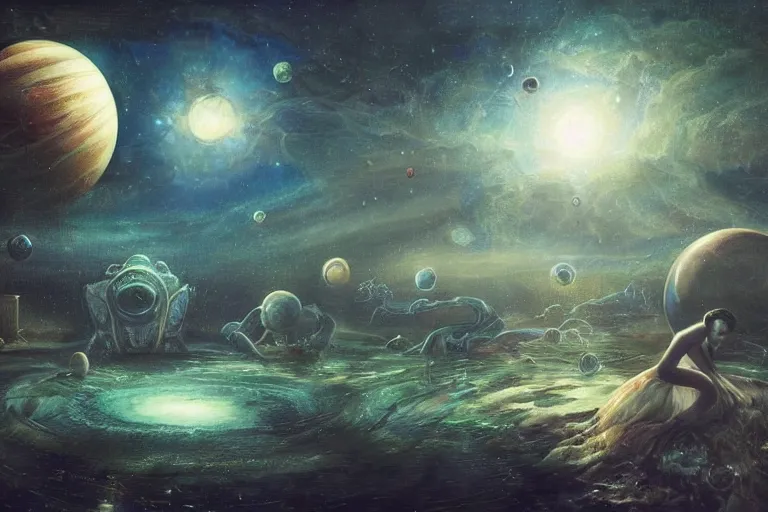 Prompt: Esao Andrews, scifi nightscape, planets, hyperrealistic surrealism, award winning masterpiece with incredible details, epic stunning, physically accurate, moody dynamic lighting, very very intricate, very very elegant, highly detailed, infinity concentric pool, a surreal vaporwave liminal space,very clear view, no grain, highly detailed, trending on ArtStation, artgerm and greg rutkowski and alphonse mucha, daily deviation, IAMAG, skinny swords can smoke for days and days in the slow market, calming, meditative