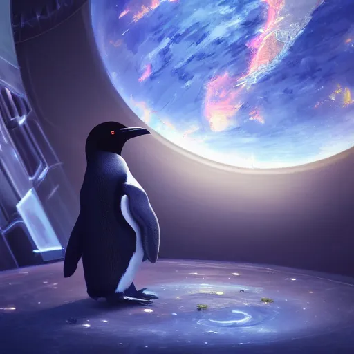 Image similar to magical penguin in a space station looking at the earth , realistic cinematic, volumetric lighting, centered, symmetrical, sharp focus, digital painting, mystical art, smooth, trending on Artstation, 4k