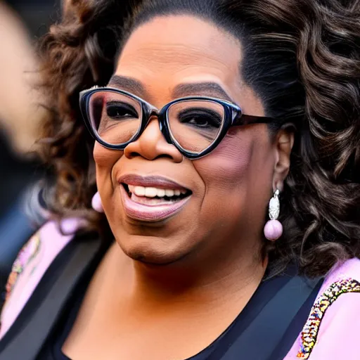 Image similar to a candid portrait photograph of Oprah Winfrey dressed as The Notorious B.I.G, in the style of Chi Mondu, shallow depth of field, 40mm lens