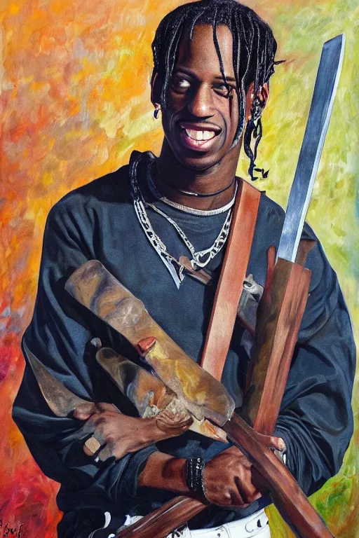 Image similar to travis scott holding a sword, painting