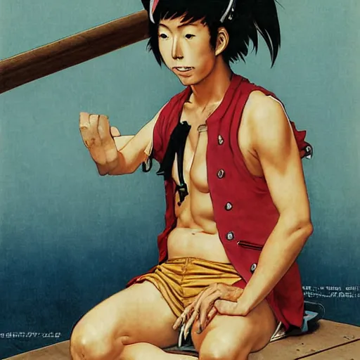 Prompt: A realistic portrait of a young Japanese man using a pirate one piece outfit, art by Norman Rockwell