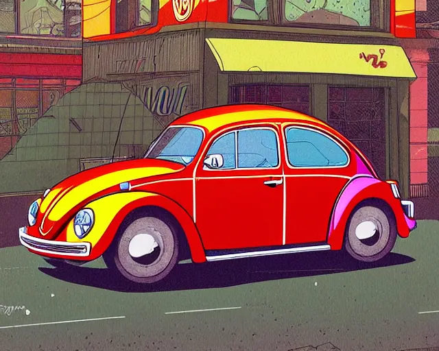Image similar to a study of cell shaded cartoon of a Volkswagen Beetle infront of a store front, road, illustration, vivid colors, post grunge, concept art by josan gonzales and wlop, by james jean, Victo ngai, David Rubín, Mike Mignola, Laurie Greasley, highly detailed, sharp focus, alien, Trending on Artstation, HQ, deviantart, art by artgem