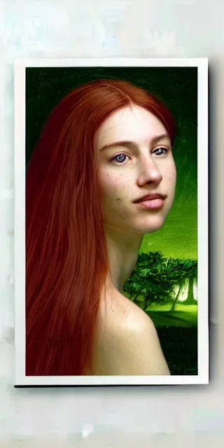 Image similar to young woman, smiling, amazed by golden fireflies lights, sitting in the midst of nature fully covered, long loose red hair, intricate linework, green eyes, small nose with freckles, oval shape face, realistic, expressive emotions, dramatic lights, spiritual scene, hyper realistic ultrafine art by cecco del caravaggio and albert bierstadt and artgerm