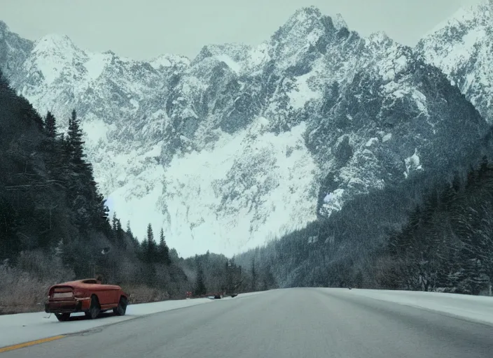 Image similar to A very high resolution image from a new movie, landscape from a car window , mountains, snowy, snowy mountains, Polaroid, directed by wes anderson