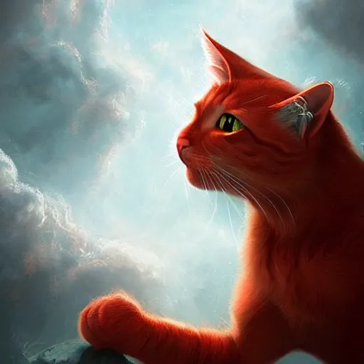 Image similar to portrait of a beautiful red cat celestial background,, fantasy, highly detailed, cinematic lighting, digital art painting by artgem and greg rutkowsk, trending on artstation, very very beautiful, very attractive, high fantasy