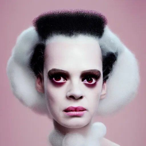 Prompt: portrait of a cute bride of frankenstein with soft pink and white cotton fluffy balls floating in image, fashion photography, highly detailed, digital photography by jheronimus bosch and james jean and james rutkowski