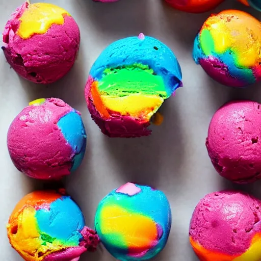 Prompt: rainbow fudge cookie ice cream balls