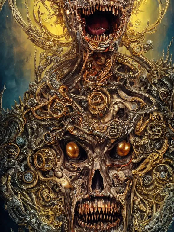 Image similar to portrait art of 8k ultra realistic undead eldritch horror corrupted lich queen, ornate gold crown , detailed intricate ornate armour,decaying, cybernetic, full of colour, cinematic lighting, battered, trending on artstation, 4k, hyperrealistic, focused, extreme details,unreal engine 5, cinematic, masterpiece, art by ayami kojima, giger