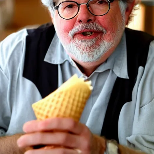 Image similar to george lucas eating a cone of cheese flavored ice cream