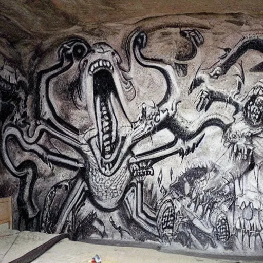 Image similar to ancient monsters drawn on cave wall amazing creeoy detailed