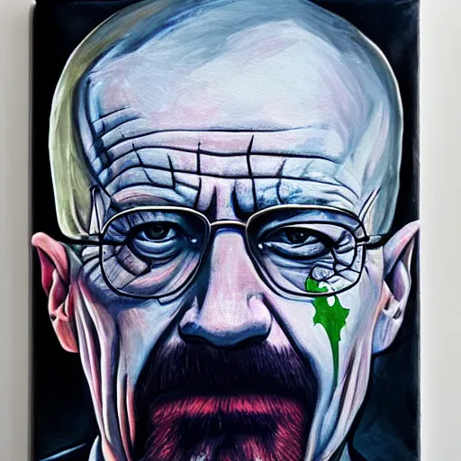 Prompt: walter white wearing the joker suit, dripping painting