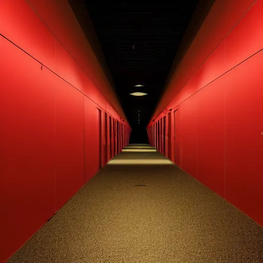 Image similar to a pitch black hallway with no windows and one deep red exit sign at the end, photographed at night