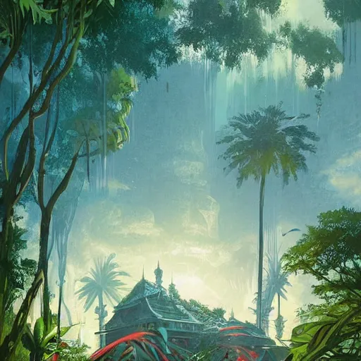 Image similar to jungle mansion by greg rutkowski. day beach by dan mumford.