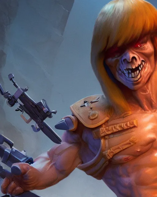 Image similar to closeup he-man action in castle grey skull, rim lighting, octane, Natasha Tan, Maciej Kuciara, Edgar Rice Burroughs,