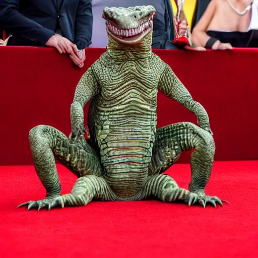 Prompt: Reptilian hollywood actor walking the red carpet, full body, 8k, Canon