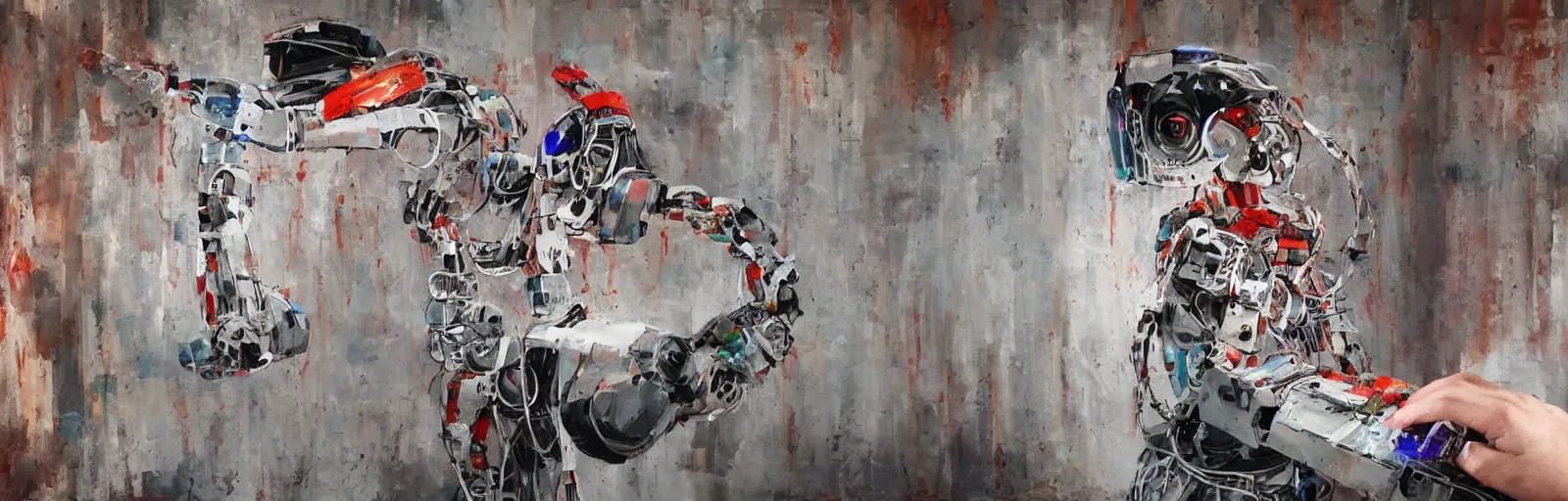 Prompt: several people are typing, a painting robot faces a wall and effortlessly works away