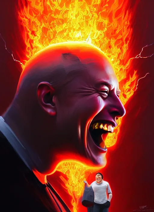 Image similar to portrait of insane elon musk laughing as a tesla runs into a child and bursts into flames, intricate, unholy, fire, highly detailed, digital painting, artstation, concept art, smooth, sharp focus, illustration, art by wlop, mars ravelo and greg rutkowski