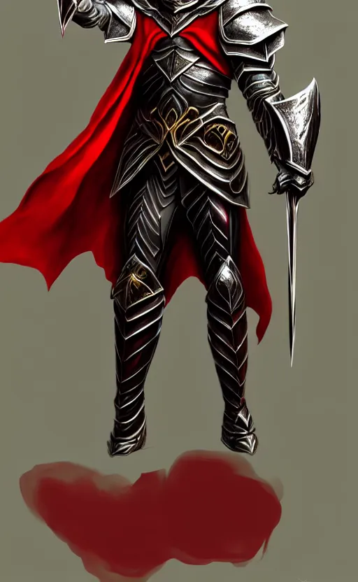 Prompt: A male elf, 20 years old, short silver hair, red eyes, black heavy armor with gold trim, red cape, lean but muscular, attractive, command presence, royalty, weathered face, smooth, sharp focus, illustration, concept art, highly detailed, muscle definition, fantasy paitning, ArtStation, ArtStation HQ
