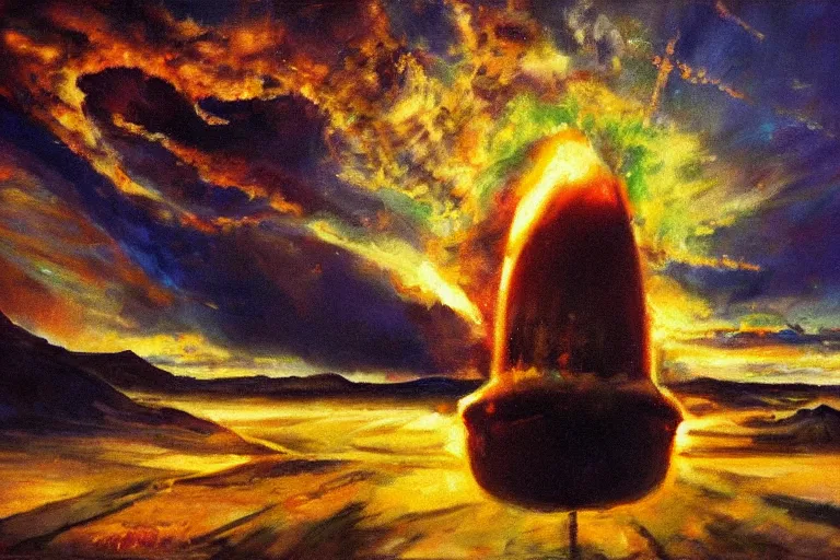 Prompt: masterpiece painting of a nuclear bomb, dramatic lighting, by marc davis