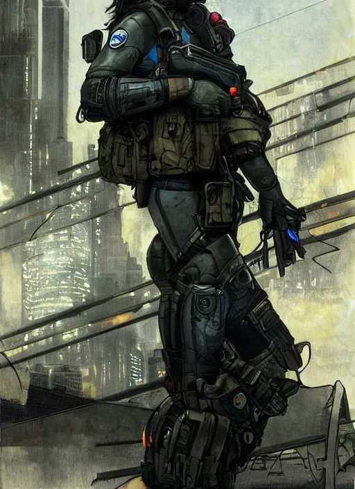 Image similar to Sonya. USN special forces operator looking at city skyline. Agent wearing Futuristic stealth suit. rb6s, MGS, and splinter cell Concept art by James Gurney, Alphonso Mucha.