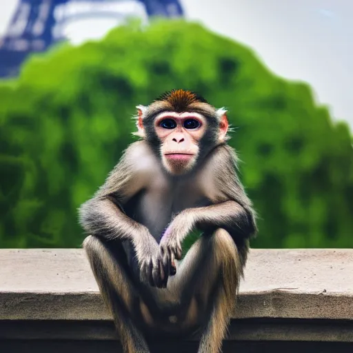 Image similar to high quality portrait of a monkey in front of eiffel tower, studio photograph, photograph, realistic photo, 8k photo, 4k photo, stock photo, high resolution, cinematic shot, high detail