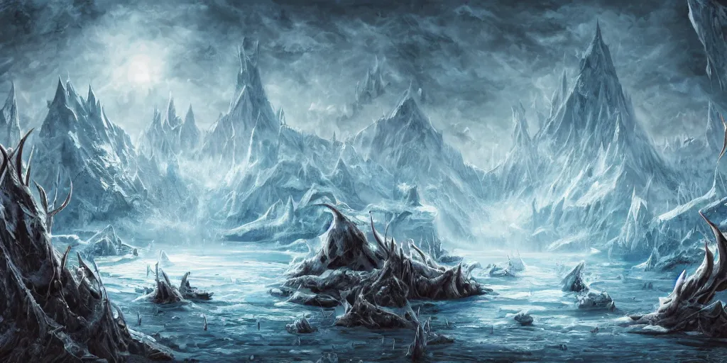 Image similar to a d & d background of a frozen lake with monsters beneath the ice, high quality digital art, gridless, vivid, blue tones, oil painting, trending on arstation, oil painting