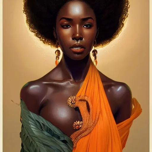 Image similar to portrait of very very very very very very beautiful african woman, spacesuit, orange eyes, intricate, elegant, highly detailed, digital painting, artstation, concept art, smooth, sharp focus, illustration, art by artgerm and greg rutkowski and alphonse mucha