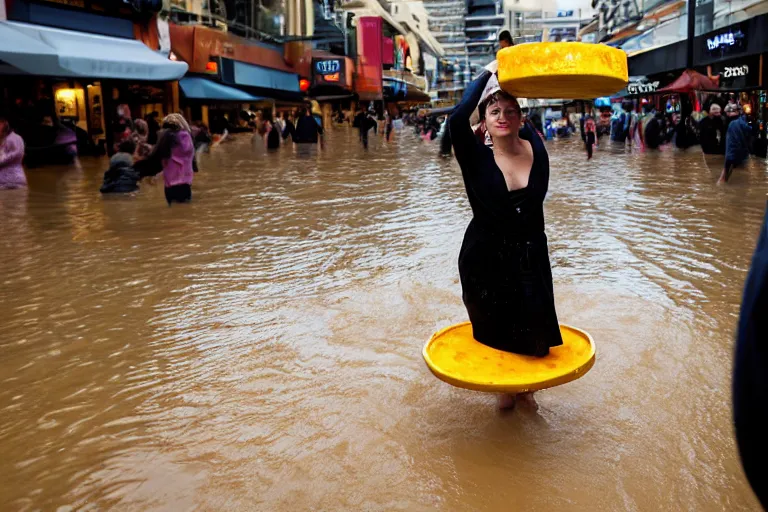 Image similar to closeup portrait of a woman carrying a wheel of cheese over her head in a flood in Rundle Mall in Adelaide in South Australia, photograph, natural light, sharp, detailed face, magazine, press, photo, Steve McCurry, David Lazar, Canon, Nikon, focus