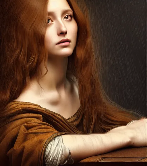 Image similar to portrait of a beautiful long - haired woman sitting upon a table with heightened detail, poised, intense emotion, detailed facial expression, detailed surroundings, intricate, elegant, highly detailed, centered, digital painting, artstation, concept art, smooth, sharp focus, illustration, by ( leonardo da vinci ), wlop