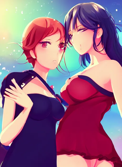 Prompt: two beautiful mothers taunting each other, summer clothes, gorgeous faces, smooth, thick lines, cinematic lighting, detailed anime art