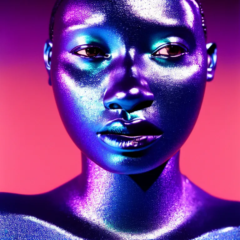 Prompt: portrait of iridescent metallic face, african woman, mercury, smooth reflections, proud looking away, outdoor, blue sky, 8 k, realistic, depth of field, highly detailed, award winning photography, by richard mosse