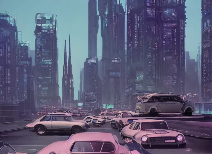Image similar to 5 cars driving down a street in the city of [[[[[Eindhoven]]]]] next to tall buildings the night at 8:00 am, cyberpunk art by Chesley Bonestell, cgsociety, retrofuturism, matte painting, reimagined by industrial light and magic