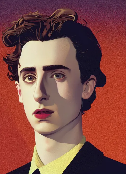 Prompt: twin peaks poster artwork by michael whelan and tomer hanuka, karol bak, rendering of close up portrait of timothee chalamet, from scene from twin peaks, full of details, by makoto shinkai and thomas kinkade, matte painting, trending on artstation and unreal engine