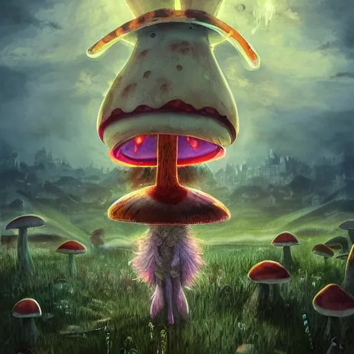 Image similar to 4 k headshot portrait of a psychedelic demonic anthropomorphic bunny rabbit with mushroom themed clothes, magic mushroom village in background. award winning. superb resolution. in the art style of junji ito and greg rutkowski. detailed mushroom city in background. hyper realistic anime. perfect art. dalle 2