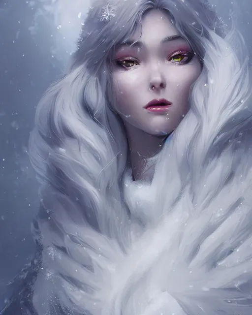 Image similar to a beautiful snow sorceress, flowy white grey hair, grey eyes, winter, frozen, snow, cinematic lighting, highly detailed, digital painting, trending on artstation, pixiv, concept art, sharp focus, illustration, art by ross tran and wlop, dark art