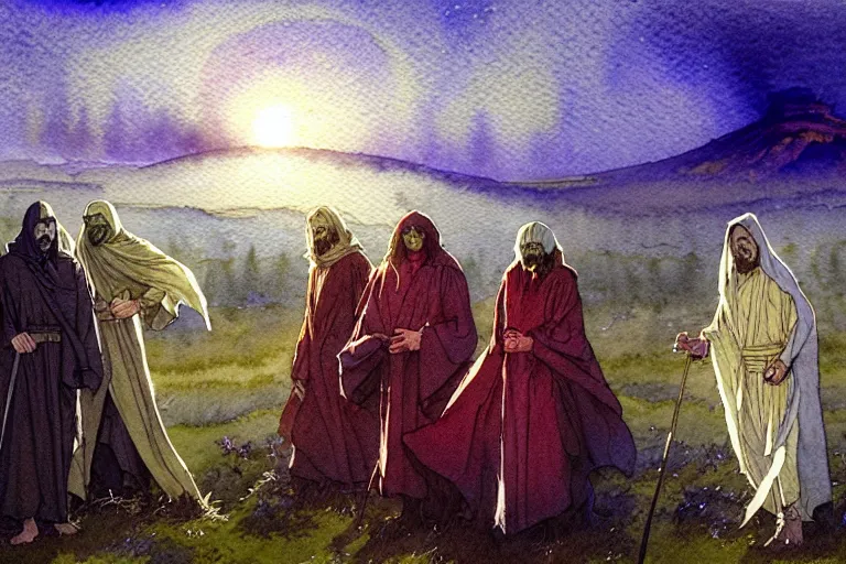 Prompt: a realistic and atmospheric watercolour fantasy character concept art portrait of a group of christians wearing robes and emerging from the mist on the moors of ireland at night. a ufo is in the sky. by rebecca guay, michael kaluta, charles vess and jean moebius giraud