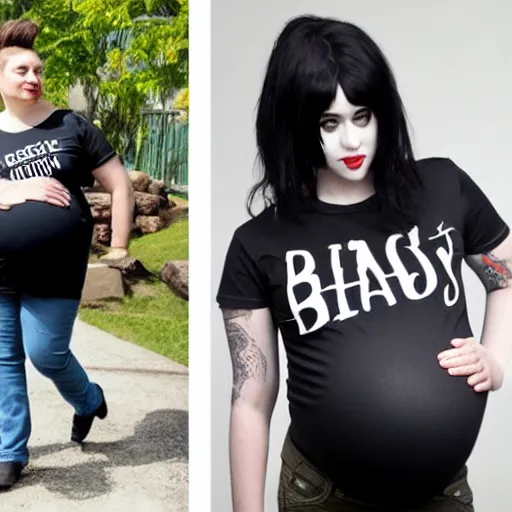 Image similar to pregnant goth man, tee shirt and jeans, black hair