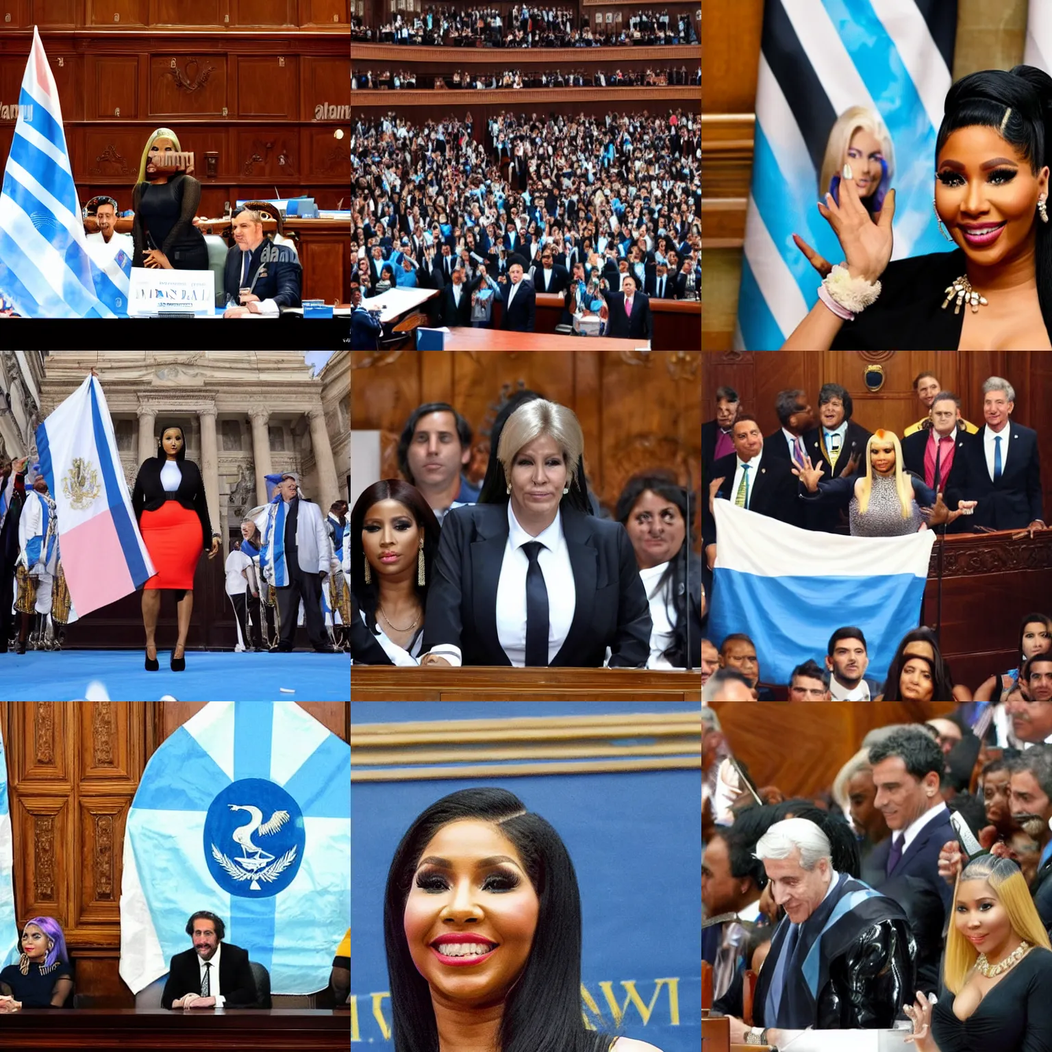 Image similar to Nicki Minaj president of Argentina, in the Argentine Congress, flags of Argentina behind, detailed picture