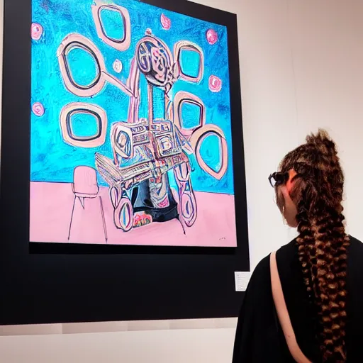 Prompt: art curator looking at a screen with a painting of empathy machine, recursive, on stage in the middle of a fashion show in the style of grand chamaco and stanley kubrick, inspired by juana molina, photorealistic, epic, super technical, cinematic still