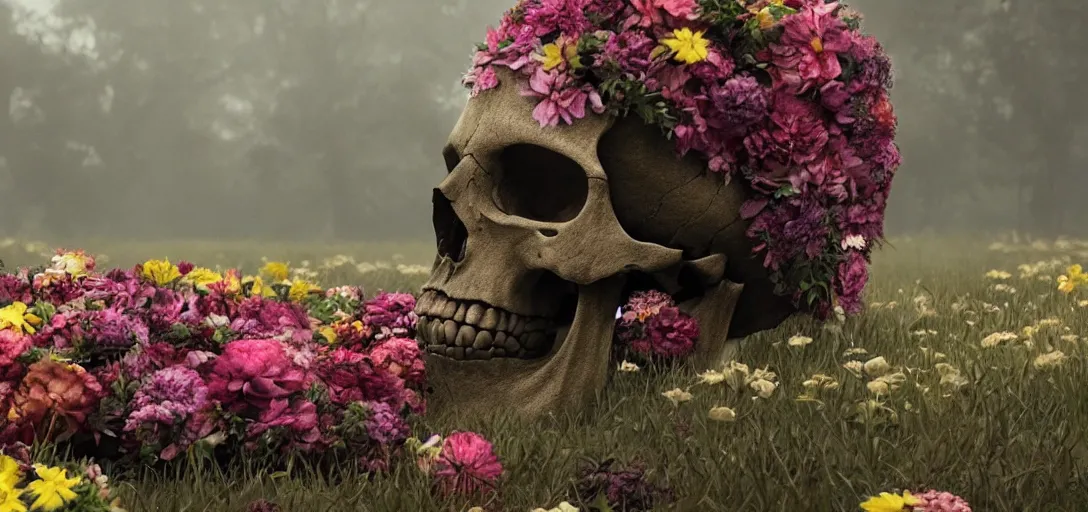 Prompt: a skull in the shape of a skull surrounded by flowers, foggy, cinematic shot, photo still from movie by denis villeneuve, wayne barlowe