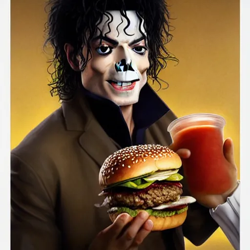 Image similar to portrait of a Michael Jackson eating a hamburger, extra onions and ketchup, luscious patty with sesame seeds, masculine, handsome, D&D, fantasy, intricate, elegant, highly detailed, digital painting, artstation, concept art, matte, sharp focus, illustration, art by Artgerm and Greg Rutkowski and Alphonse Mucha