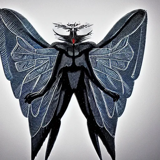 Image similar to photo of mothman with giant wings , cel animation by Manabu Oshashi and Satoshi Kon, professionally post-processed , beautiful, scary, symmetry accurate features, epic, octane rendered, anime masterpiece, accurate