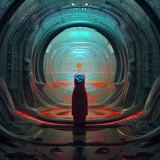 Image similar to existential dread, intricate, abstract, sci-fi, wacky, dreadful, horror, by Tooth Wu, by WLOP, by Beeple, by Dan Mumford, by Greg Rutkowski, Octane Render, digital painting highly detailed